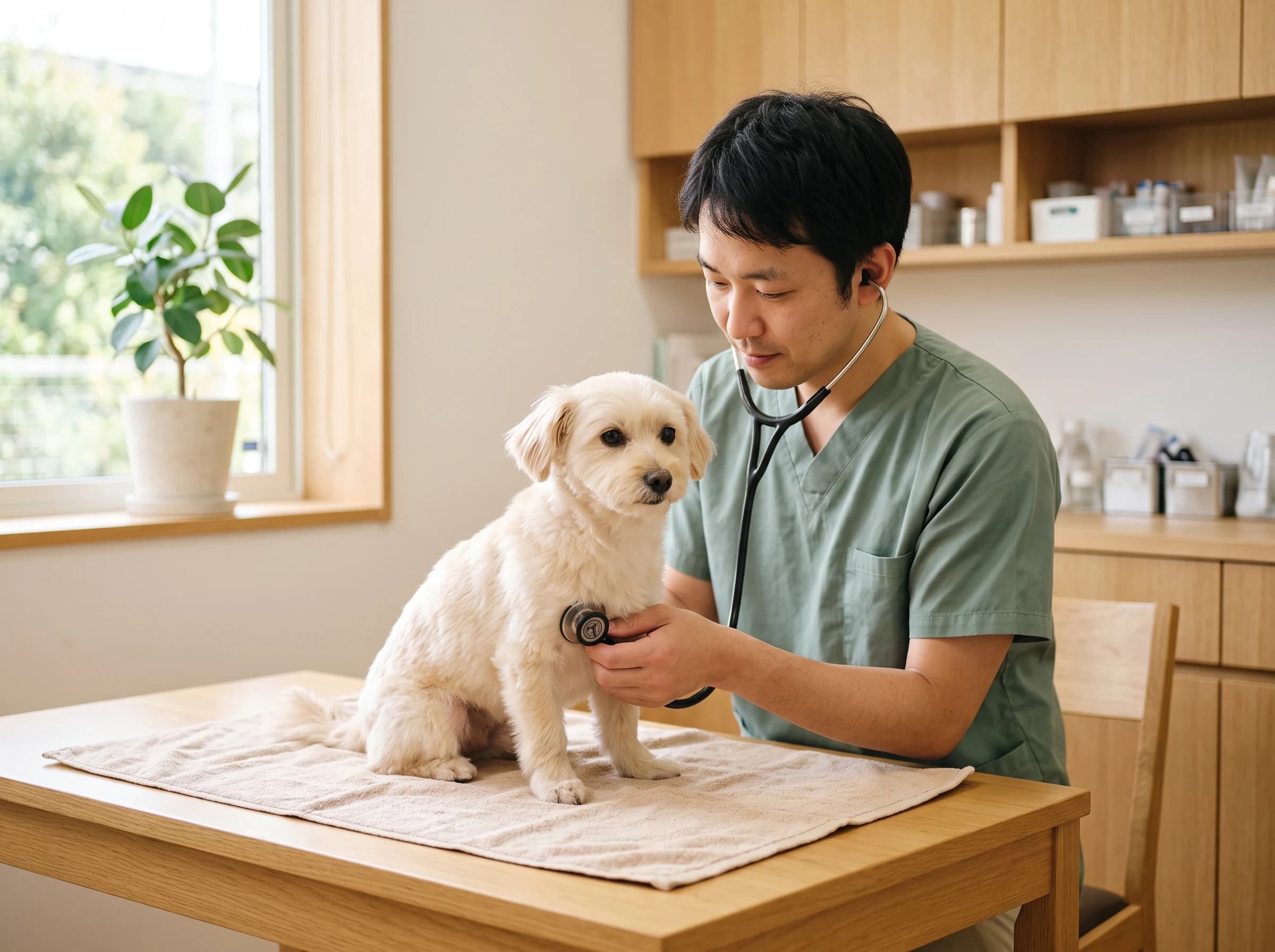 犬に聴診器を当てる獣医師