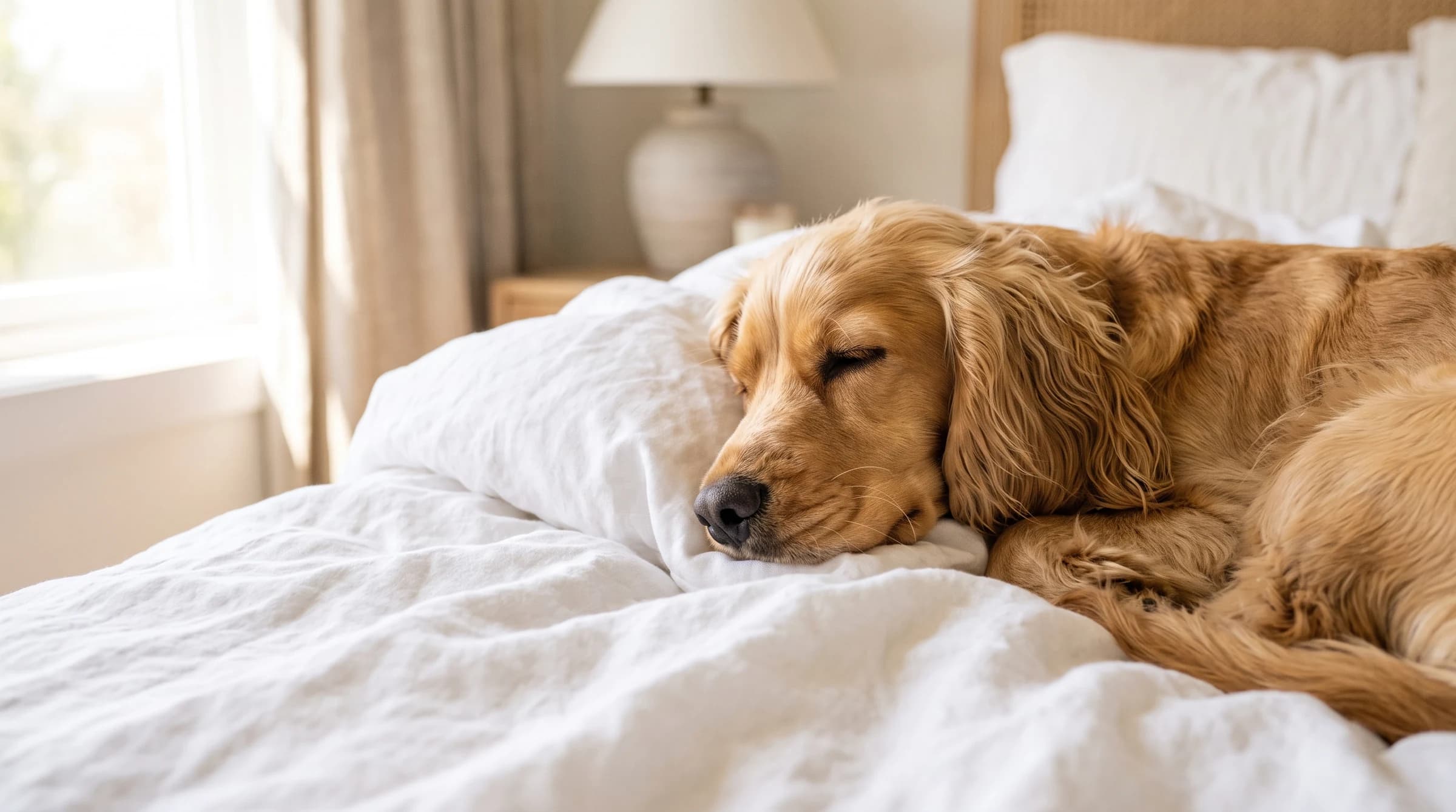 白い寝具に顔をのせてくつろぐ犬