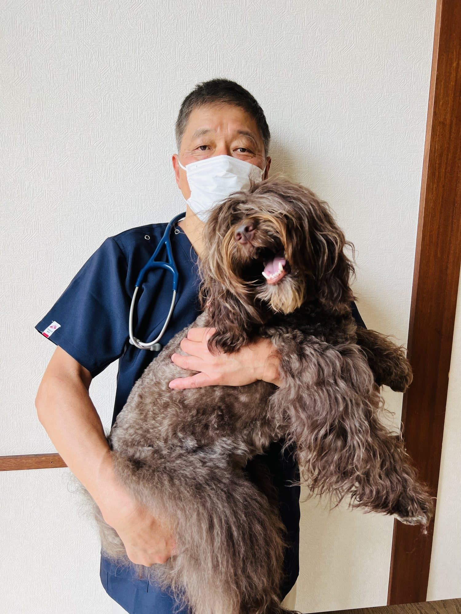 犬を抱く獣医師